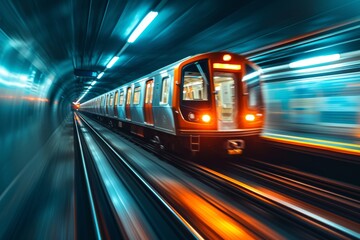 Fototapeta premium Metro train rushes through brightly lit tunnel, capturing motion blur essence of rapid urban transit in a futuristic setting, evoking sense of progress and relentless pace of urban environments