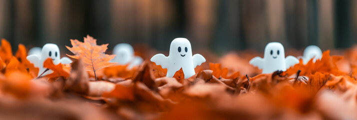 Soft focus autumn leaves with ghost and bat decorations playful and spooky Halloween vibe 