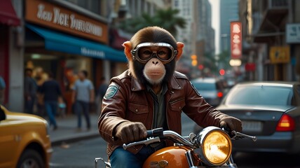 Monkey wearing clothes and glasses, monkey driving a motorcycle, monkey riding a motorbike
