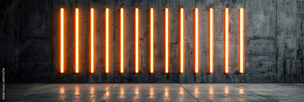 Poster Vertical lines of neon orange light on a cement wall dark background minimalist style 