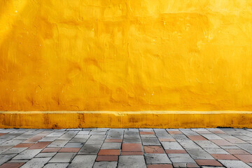 Empty wall background for mock up with copy space. A yellow wall with a thin white line separating it from a brick pavement.