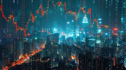 A conceptual image of a digital stock market interface superimposed over a cityscape at night, illustrating the integration of technology and finance.