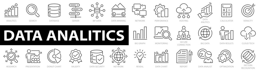 Data analytics icon set. Statistics Analysis Technology Symbols Concepts. Big data analysis technology symbol. Containing statistics, analytics, server, monitoring, computing and more.