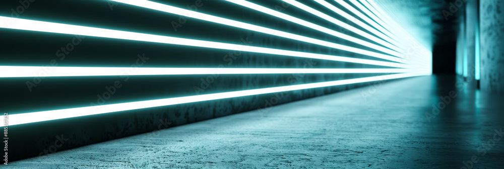 Poster Wide angle shot of a cement wall with neon blue light streaks dark background modern urban feel 