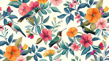 Fototapeta premium vector, colorful pattern, birds, flowers, hummingbirds, retro style, vintage, floral design, nature, artistic, illustration, retro pattern, colorful birds, flower pattern, floral pattern, bird pattern