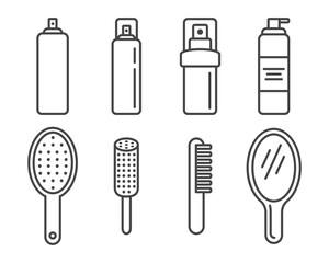 Collection of graphic icons of combs, hair brushes and hairspray.