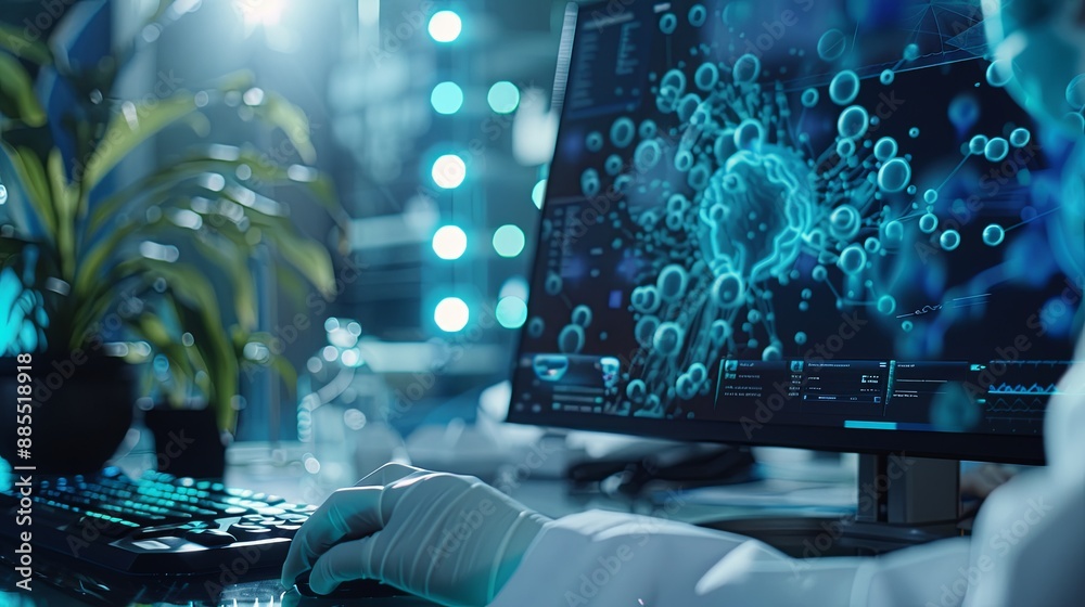 Poster the person working on a computer with a background that includes abstract graphics of technology, in