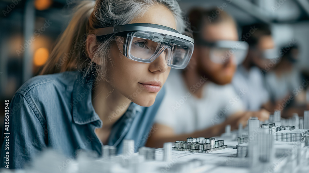 Poster a team of designers using augmented reality glasses to create and manipulate 3d models in a modern w