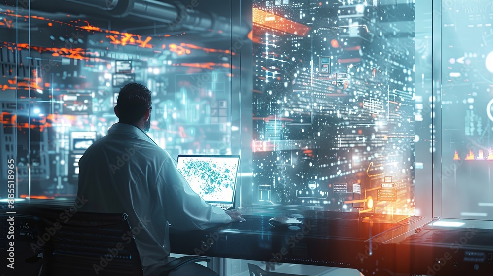 Poster the person working on a computer with a background that includes abstract graphics of technology, in