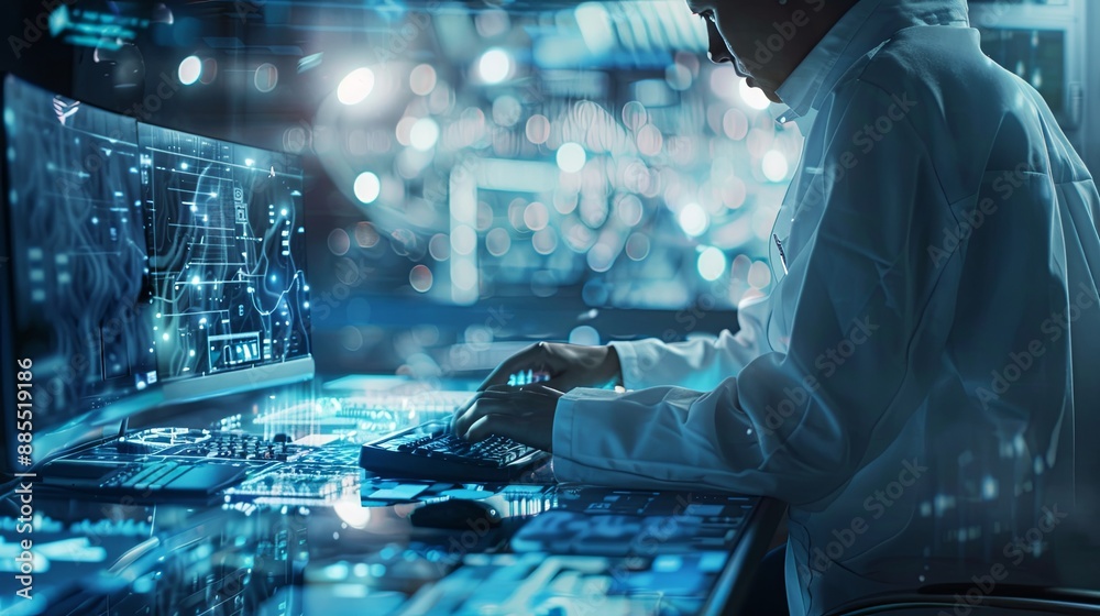 Fototapete The person working on a computer with a background that includes abstract graphics of technology, in the style of medical care, selective focus, shaped canvas, commission for, uhd image, light silver 