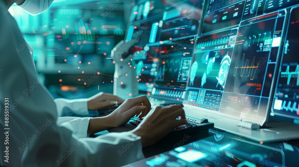 Fototapete The person working on a computer with a background that includes abstract graphics of technology, in the style of medical care, selective focus, shaped canvas, commission for, uhd image, light silver 