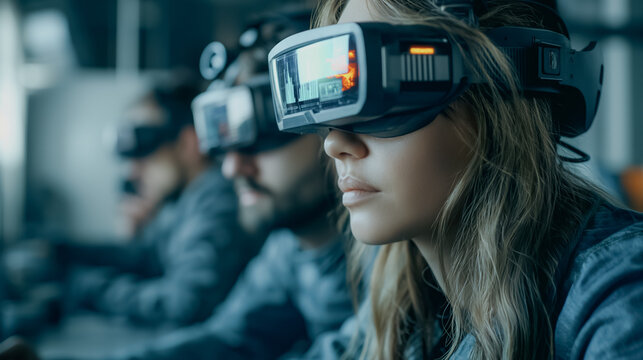 A team of designers using augmented reality glasses to create and manipulate 3D models in a modern workspace, digital elements blending seamlessly into the physical environment, high-tech setting.