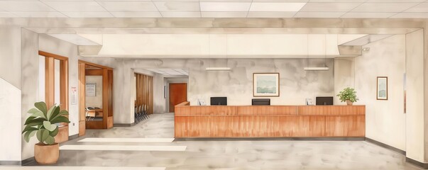 School office, friendly staff, students enrolling, Watercolor style