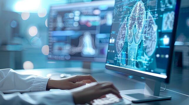 The person working on a computer with a background that includes abstract graphics of technology, in the style of medical care, selective focus, shaped canvas, commission for, uhd image, light silver 