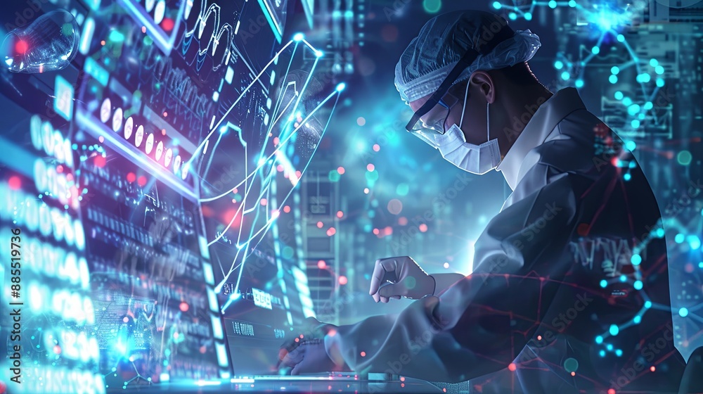 Fototapete The person working on a computer with a background that includes abstract graphics of technology, in the style of medical care, selective focus, shaped canvas, commission for, uhd image, light silver 