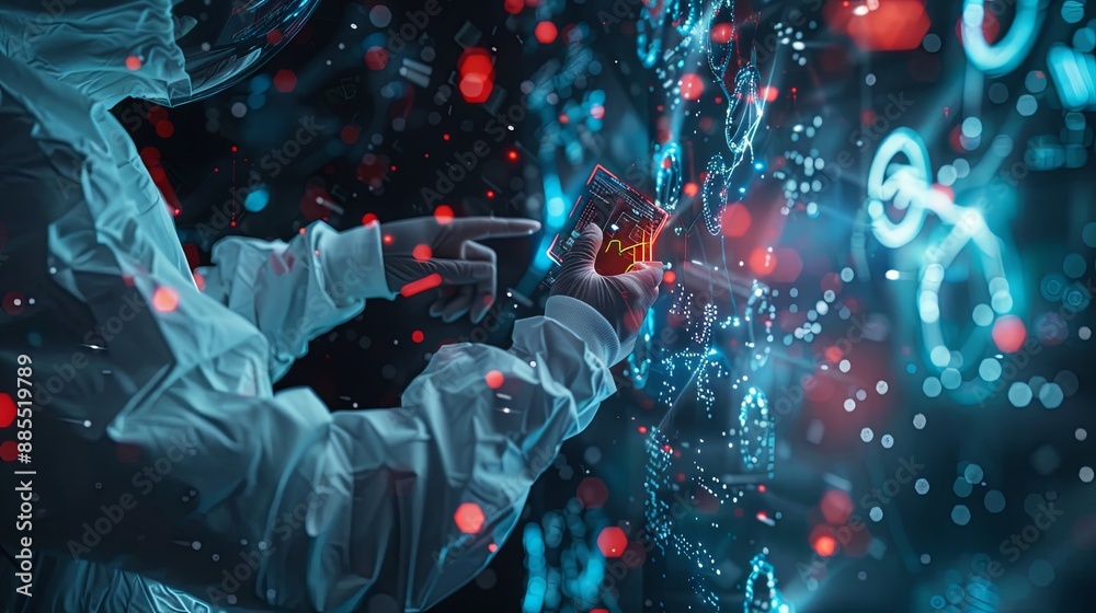 Poster the person working on a computer with a background that includes abstract graphics of technology, in