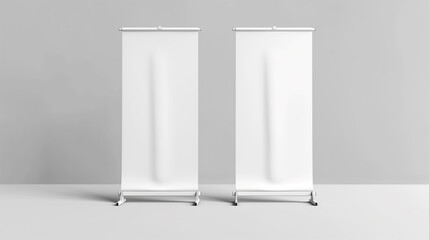 Two white roll up banner stand mockup on grey background