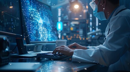 The person working on a computer with a background that includes abstract graphics of technology, in the style of medical care, selective focus, shaped canvas, commission for, uhd image, light silver 