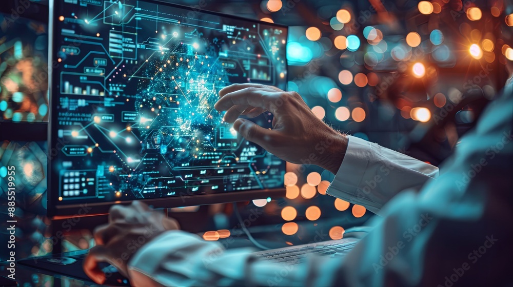 Poster the person working on a computer with a background that includes abstract graphics of technology, in