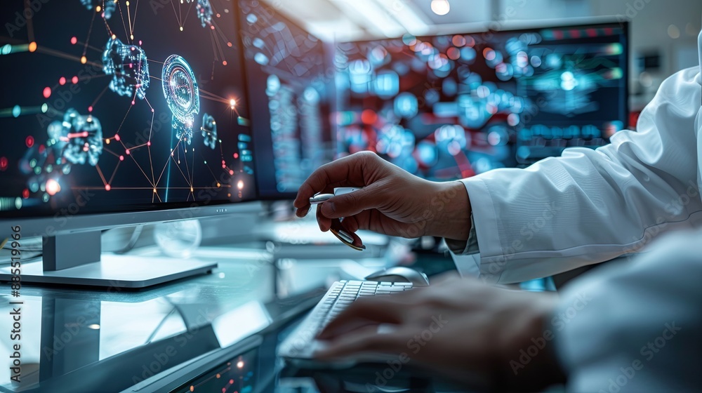 Fototapete The person working on a computer with a background that includes abstract graphics of technology, in the style of medical care, selective focus, shaped canvas, commission for, uhd image, light silver 