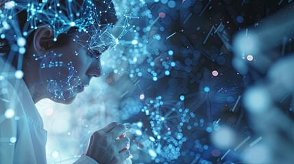 The person working on a computer with a background that includes abstract graphics of technology, in the style of medical care, selective focus, shaped canvas, commission for, uhd image, light silver 