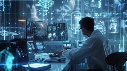 The person working on a computer with a background that includes abstract graphics of technology, in the style of medical care, selective focus, shaped canvas, commission for, uhd image, light silver 