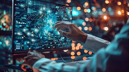 The person working on a computer with a background that includes abstract graphics of technology, in the style of medical care, selective focus, shaped canvas, commission for, uhd image, light silver 
