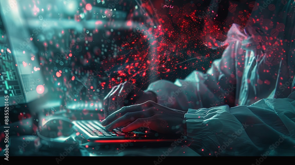 Poster the person working on a computer with a background that includes abstract graphics of technology, in