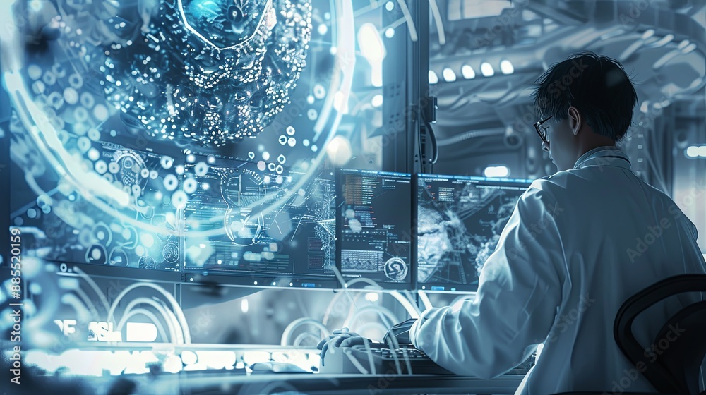 Fototapete The person working on a computer with a background that includes abstract graphics of technology, in the style of medical care, selective focus, shaped canvas, commission for, uhd image, light silver 