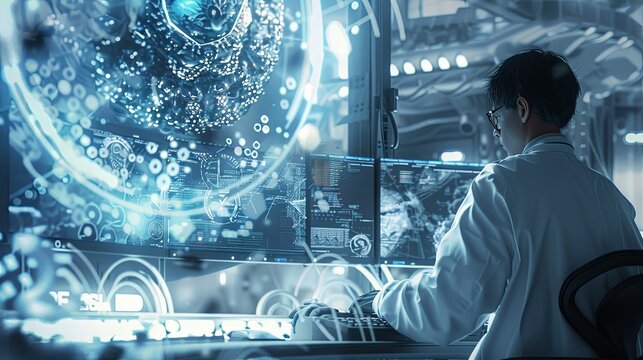 The person working on a computer with a background that includes abstract graphics of technology, in the style of medical care, selective focus, shaped canvas, commission for, uhd image, light silver  - Powered by Adobe