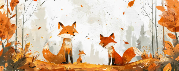 vector flat illustration A family of foxes against the background of an autumn forest sits on the lawn