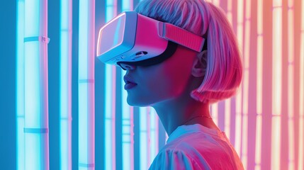 Young girl model with short white hairs wearing a VR visor viewer, purple led lights on the VR and on the wall behind her 
