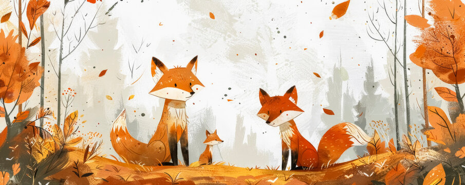 vector flat illustration A family of foxes against the background of an autumn forest sits on the lawn