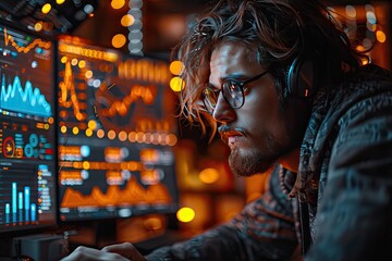 Digital marketer analyzing data laptop, surrounded charts graphs.