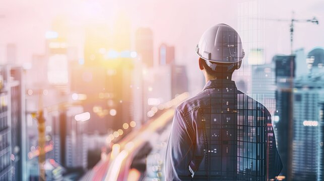 rear view of professional engineer manager standing concentrate focus multi exposure with building construction industry background construstion engineer concept.ai