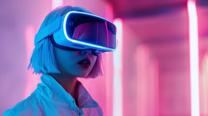 Young girl model with short white hairs wearing a VR visor viewer, purple led lights on the VR and on the wall behind her 
