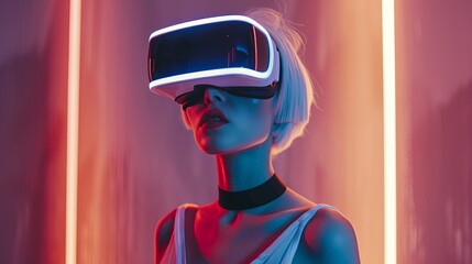 Young girl model with short white hairs wearing a VR visor viewer, purple led lights on the VR and on the wall behind her 