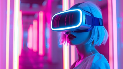 Young girl model with short white hairs wearing a VR visor viewer, purple led lights on the VR and on the wall behind her 