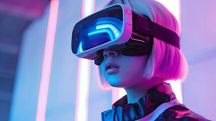 Young girl model with short white hairs wearing a VR visor viewer, purple led lights on the VR and on the wall behind her 