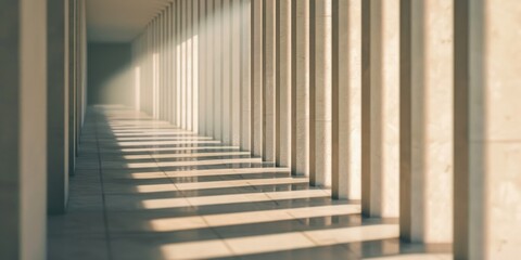 Fototapeta premium A long hallway with columns and a clock on the wall, suitable for architecture or interior design projects