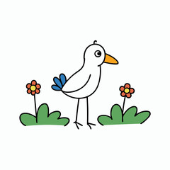 Doodle bird in a whimsical garden, white background