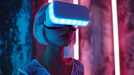 Young girl model with short white hairs wearing a VR visor viewer, purple led lights on the VR and on the wall behind her 