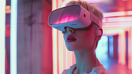 Young girl model with short white hairs wearing a VR visor viewer, purple led lights on the VR and on the wall behind her 