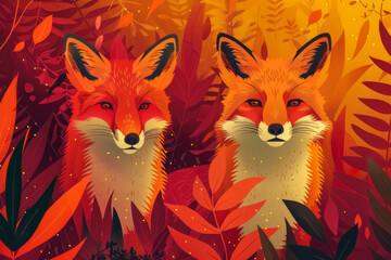Fototapeta premium Artistic vector flat illustration of foxes in a stylized geometric style with bright outlines and vibrant shades of orange. Abstract shapes create a dynamic composition.