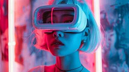 Young girl model with short white hairs wearing a VR visor viewer, purple led lights on the VR and on the wall behind her 