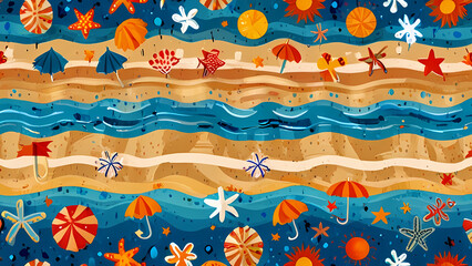 Summer pattern illustration that captures the essence of a sunny beach day. Include elements like seashells, starfish, beach umbrellas, flip-flops, and waves