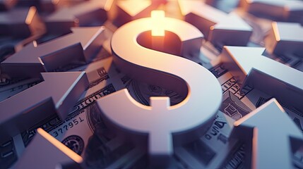 Create an illustration of a dollar sign surrounded by arrows pointing upward, representing the upward trajectory and continuous growth of the dollar in the economy view photorealistic daylight