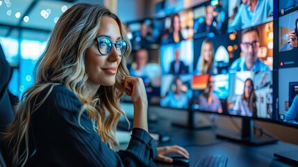 Naklejka premium A remote team using video conferencing for a weekly checkin, with team members displaying enthusiasm and engagement, in a professional and friendly style