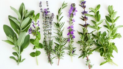 Creative rosemary, mint, lavender, sage and basil with fresh herbs bunch on top view, flat lay, floral design, control concept for health and alternative medicine.