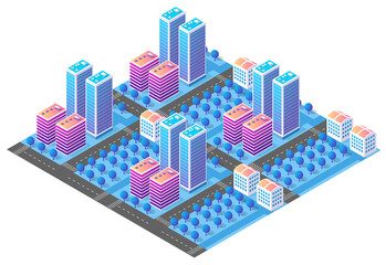 Modern isometric city with colorful buildings showing urban life